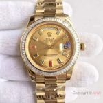 (EW) Swiss 3255 Rolex DayDate II Yellow Gold Knockoff Watch Ruby Dial Diamond Bezel